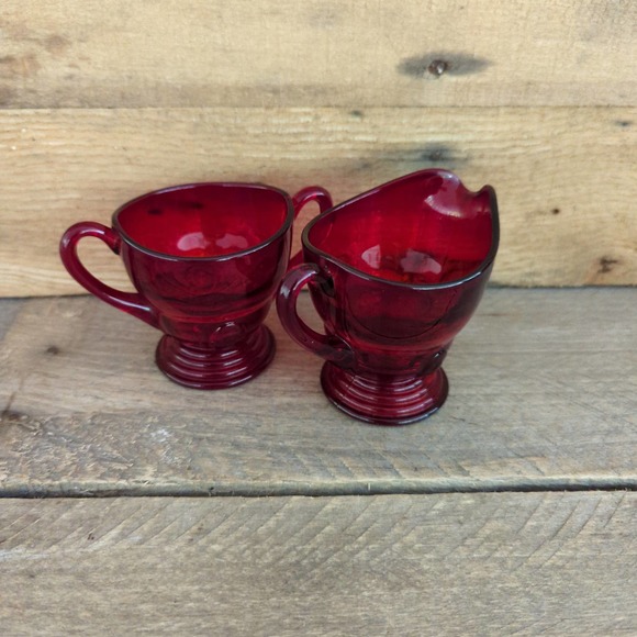 Vintage 1930s Ruby Red New Martinsville Glass Moondrops Creamer & Sugar Set - Picture 8 of 10